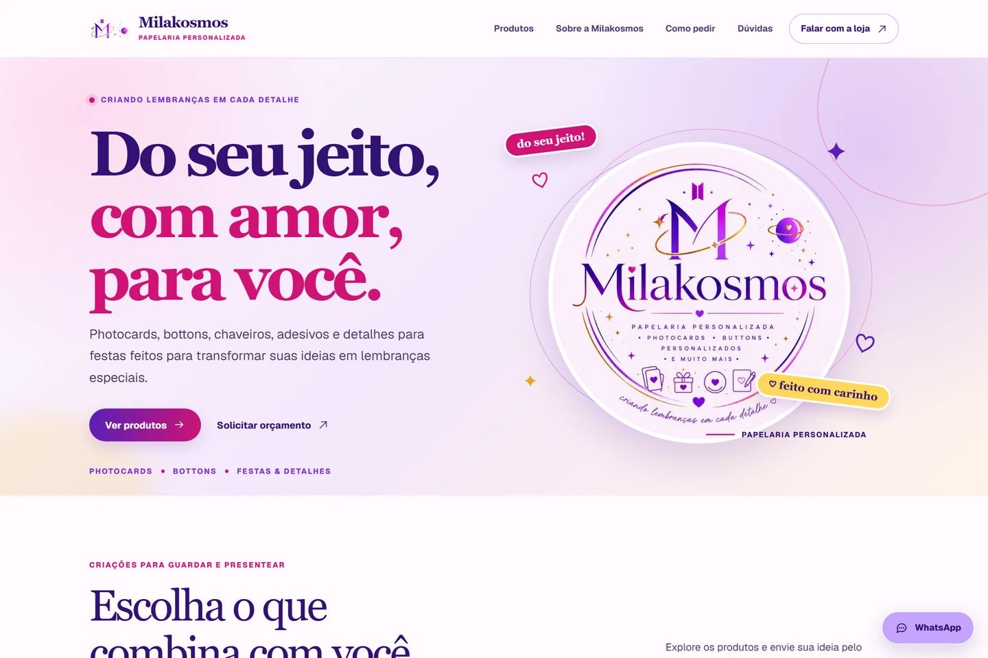 Captura real do site Milakosmos, com sua identidade rosa e roxa