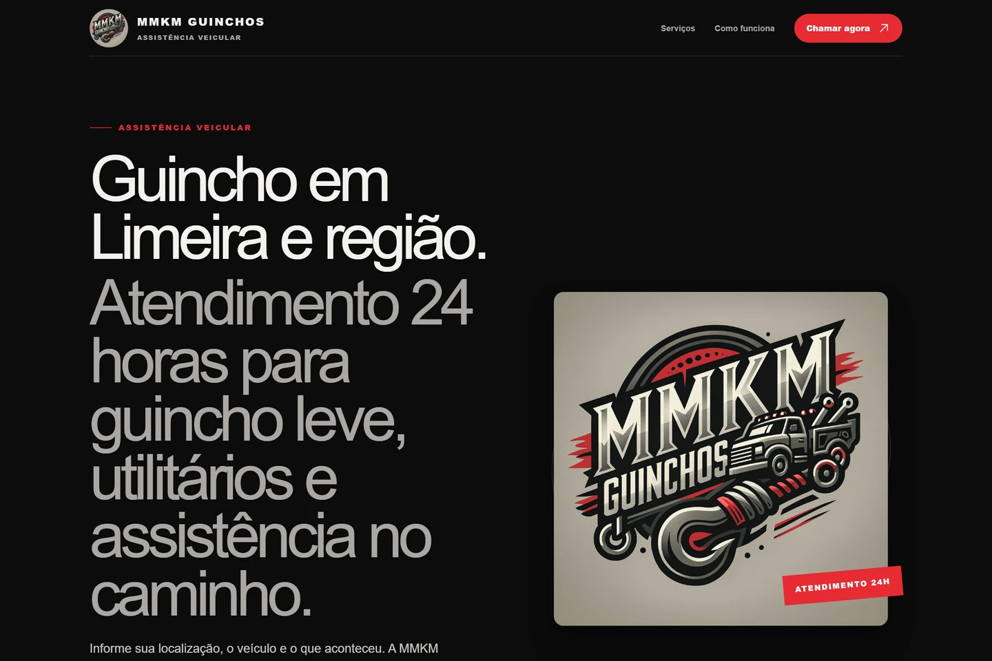 Captura real do site MMKM Guinchos, com serviços e identidade preta e vermelha