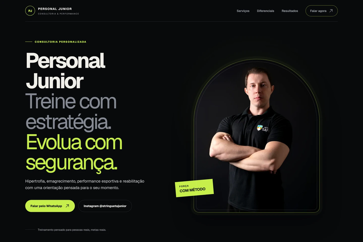 Captura real do site Personal Junior, com apresentação dos serviços e identidade preta e verde